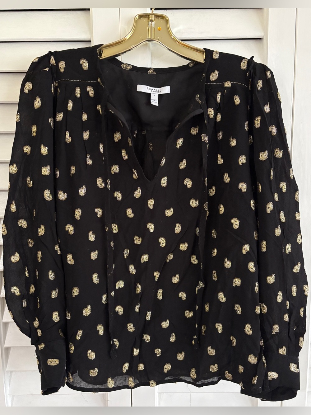 Derek Lam 10 Crosby Blouse Black Metallic Gold Dot Tie Neck Full Sleeve Boho Top